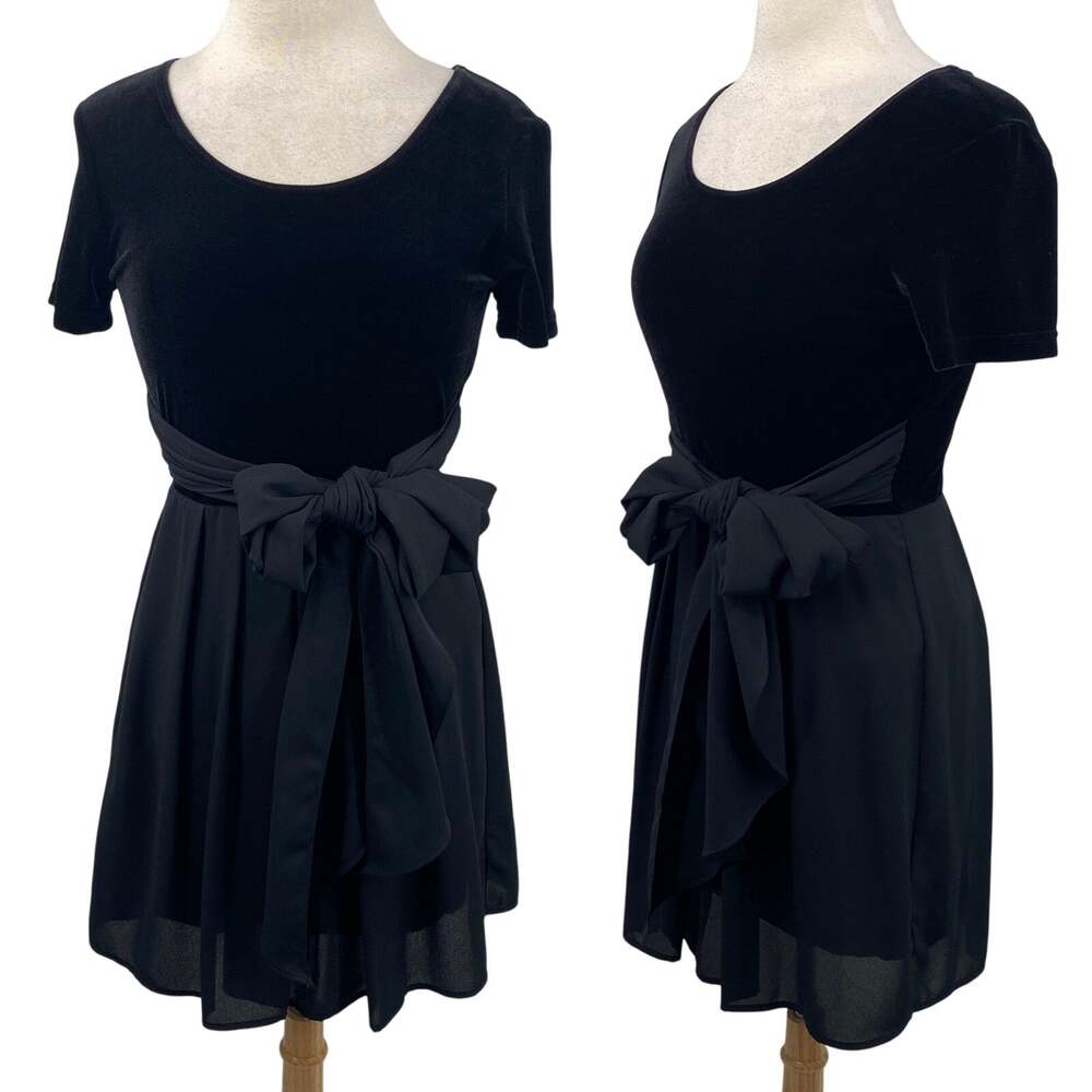 Vintage 90s Tie Waist Mini Dress Fit & Flare Velvet Chiffon Scoopneck Black S